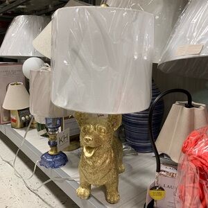 Adorable Metallic Brushed Gold Corgi Puppy Dog Size Table Lamp NEW